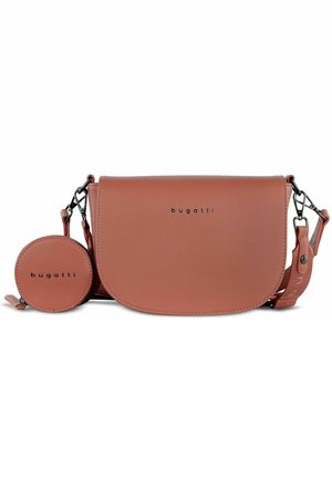 Brown leather crossbody bag with flap closure and detachable round coin pouch, both branded with "bugatti" logo in black letters.