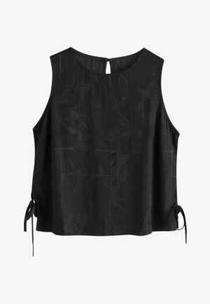 Varrukateta musta top peene geomeetrilise mustriga, ümara kaelusega, tagaküljel nööpidega ja külgedel paeladetega hemme juures.