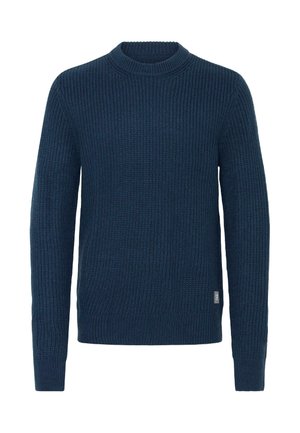 Navy blue knitted sweater with a crew neck, ribbed texture, and long sleeves. Features a small logo patch on the lower side.