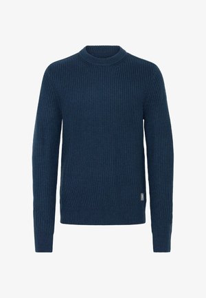 Suéter de punto azul marino con cuello redondo, textura acanalada y mangas largas. Presenta un pequeño parche de logo en el lado inferior.
