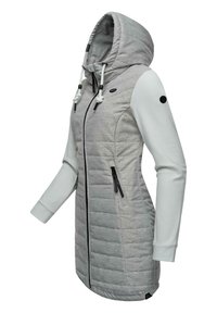 Šedá puffa bunda s kapucňou, vybavená zipsom vpredu, bočnými vreckami, dlhými rukávmi a kontrastnými bielymi rukávmi a detailmi.