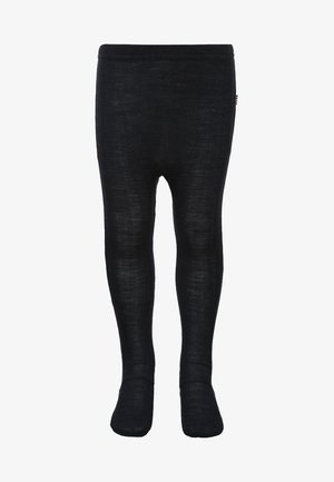 Črne pletene nogavice z gladko teksturo, dolžina do tal in ojačan del na stopalu. Vsebuje majhen večbarvni oznako ob strani.