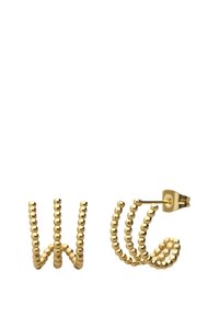 Gouden oorbellen met een loopdesign bestaande uit kleine bolvormige kralen. Ze hebben een gepolijste afwerking en een veilige postbevestiging.