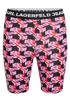 Karl Lagerfeld branded shorts in black fabric featuring a geometric pattern of pink and red three-dimensional shapes, with a black elastic waistband.
