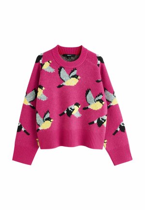 Pink sweater with a relaxed fit, featuring a bird pattern in yellow, gray, and black. Ribbed cuffs and hem enhance texture.