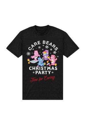 Sort T-shirt med farverig grafik af Care Bears. Teksten siger "Care Bears Christmas Party" med snefnug-dekorationer. Blødt bomuldsstof.