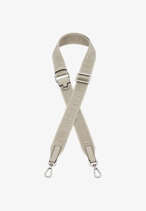 Beige adjustable fabric bag strap with silver metal clasps and "LIEBESKIND" embossed repeatedly on the strap.