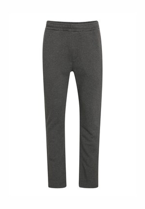 Szürke pamutkeverék nadrág rugalmas derékpánttal, keskenyedő fazonban, elülső zsebekkel, sima textúrával és mintázat nélküli kivitelben.