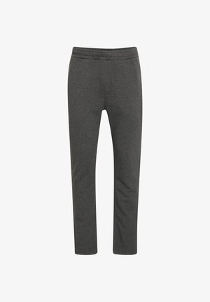 Grijze broek van een katoenmengsel met een elastische tailleband, taps toelopend ontwerp en voorzakken, met een gladde textuur en zonder zichtbare patronen.