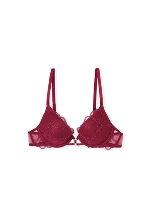 Soutien-gorge en dentelle bordeaux avec broderies florales, bonnets avec armature, fines bretelles ajustables et fermeture à l'avant, présenté sur fond blanc.