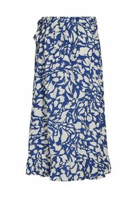 Sukně s modro-bílým květinovým potiskem, s elastickým pasem, do kolen, se sklady na okrajích a měkkou, texturovanou tkaninou.