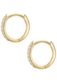 Aukso iškiažąs auskarai, turintys glotnų, kreivą dizainą ir vienoje pusėje išdėstytą mažų skaidrių akmenėlių eilutę, kad suteiktų papildomą detalumą.