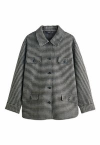 Giacca a quadri blu e beige, con colletto classico, bottoni frontali e due tasche a pattina con chiusura a bottone. Tessuto testurizzato.