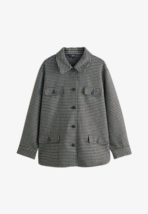 Karierte Jacke in Blau und Beige, mit klassischem Kragen, vorderen Knöpfen und zwei Klappentaschen mit Knopfverschlüssen. Strukturierter Stoff.