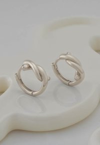 Silvriga hoops örhängen med en vriden design och släta, reflekterande ytor samt ett säkert spänne, vilande på en ljus bakgrund.