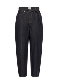 Donkerblauwe denim jeans met een hoge taille, riemlussen en een rechte pasvorm. Kenmerkt zichtbare stiksels en voorzakken.