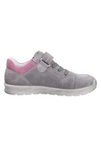 Grey suede sneaker with pink accents, featuring a Velcro strap, laces, a rounded toe, and a textured rubber sole.