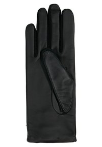 Guanto in pelle nera con cinque dita e una grande parte per il pollice. Il materiale ha una texture liscia con dettagli di cucitura discreti.
