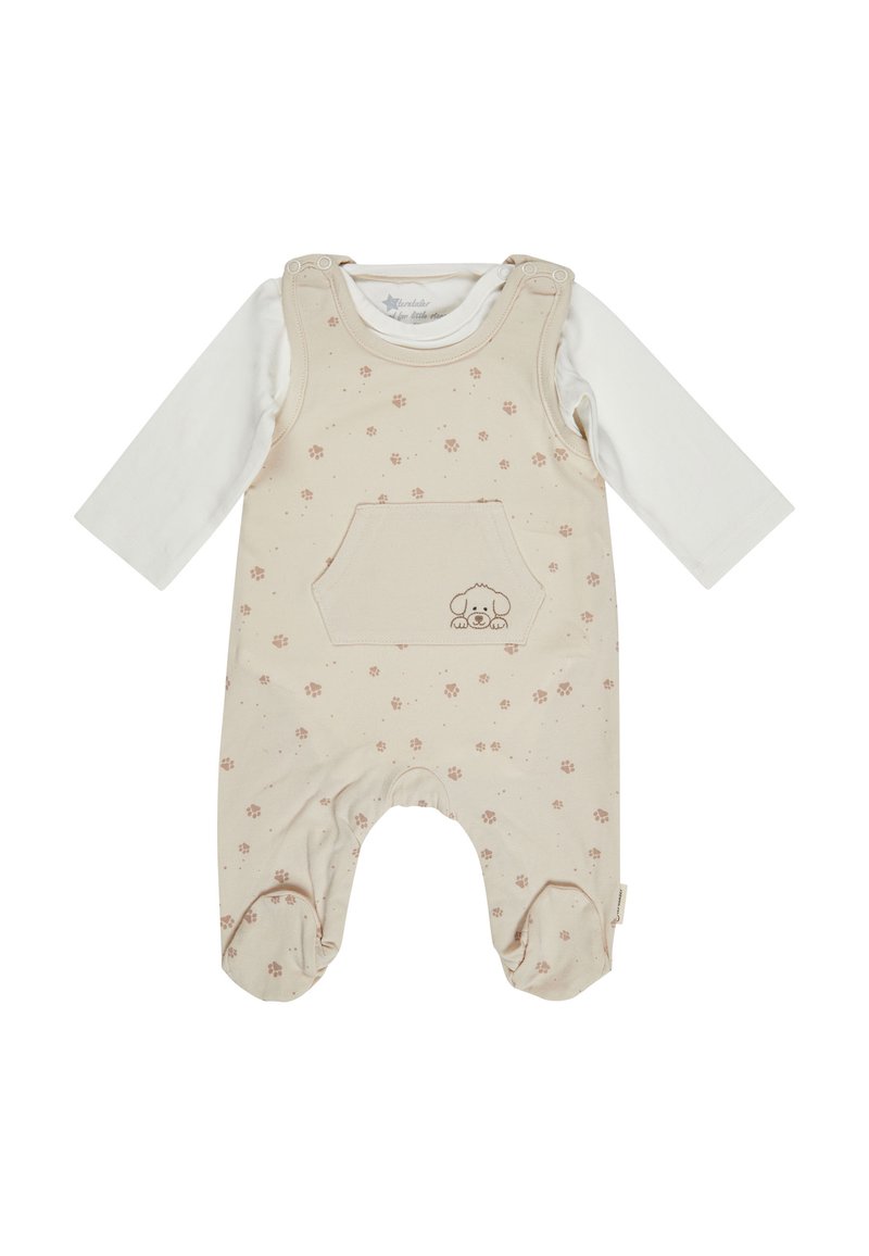 Cream baby romper with footies, long white sleeves, small paw prints pattern, and front pocket featuring a puppy face embroidery.