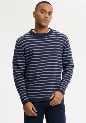 Hombre con el pelo corto que lleva una camisa de manga larga a rayas azul marino y blanca y pantalones oscuros, de pie frente a un fondo sencillo.