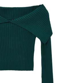 Top a coste in teal con design a spalle scoperte, caratterizzato da un collo ripiegato e maniche lunghe. Texture morbida, forma aderente.