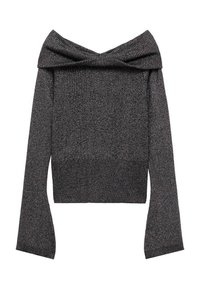 Off-the-shoulder, langekleurige top van donkergrijze geribbelde stof met een subtiele glans. Heeft een brede gevouwen halslijn en een aansluitende zoom.