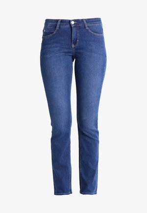 Blaue Denim-Jeans im Slim-Fit, mit fünf Taschen, Reißverschluss, Metallknopfverschluss und dezenten Stickdetails an den Taschen.