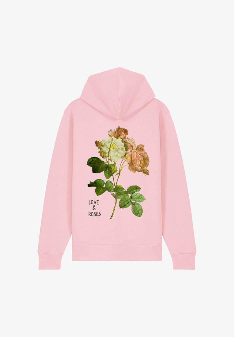 Roza dukserica s cvjetnim uzorkom, bež i bijelim ružama, zelenim listovima i tekstom "LJUBAV I RUŽE" u crnoj vezici.