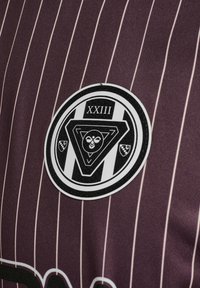 Sort-hvidt cirkulært emblem med XXIII og ugle-design på lilla stof med tynde hvide lodrette striber.