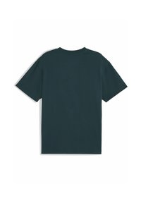 Camiseta corta de manga corta en verde oscuro, hecha de algodón. Cuello redondo con dobladillo recto. Textura suave, sin patrones ni detalles visibles.