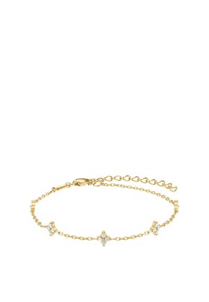 Fijn gouden kettingarmbandje met drie kleine bloemvormige clusters van heldere kristallen en een verstelbare sluiting.