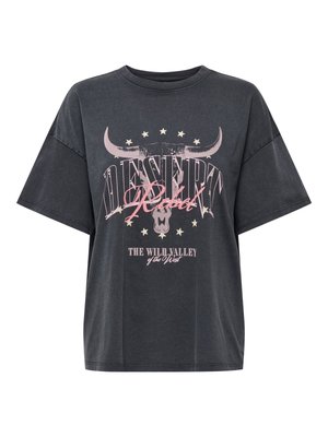 T-shirt oversize gris foncé avec les inscriptions « Desert Rebel » et « The Wild Valley of the West », avec un graphique représentant un crâne de taureau et des étoiles sur le devant.