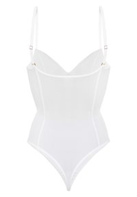 Body bianco realizzato in tessuto trasparente con un design aderente, dotato di spalline regolabili, scollatura a V e uno stile slegato alto.