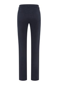 Pantaloni blu navy realizzati in materiale misto cotone; design a gamba dritta con due tasche posteriori, passanti per cintura e una texture liscia.