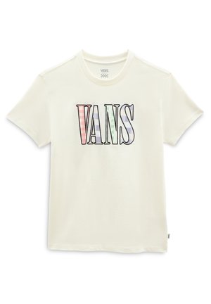 Weißes T-Shirt mit kurzen Ärmeln und Rundhalsausschnitt, mit mehrfarbig gestreiftem "VANS"-Logo mittig vorne.