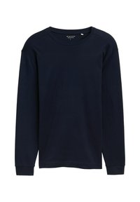 Dunkelblaues Langarm-T-Shirt aus weichem Material, mit rundem Halsausschnitt und gerippten Bündchen. Schlicht, ohne Muster oder Verzierungen.