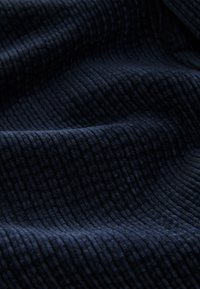 Tessuto di colore blu scuro con struttura a costine verticali, che mostra una piega morbida e ondulata. La superficie appare morbida e leggermente riflettente.