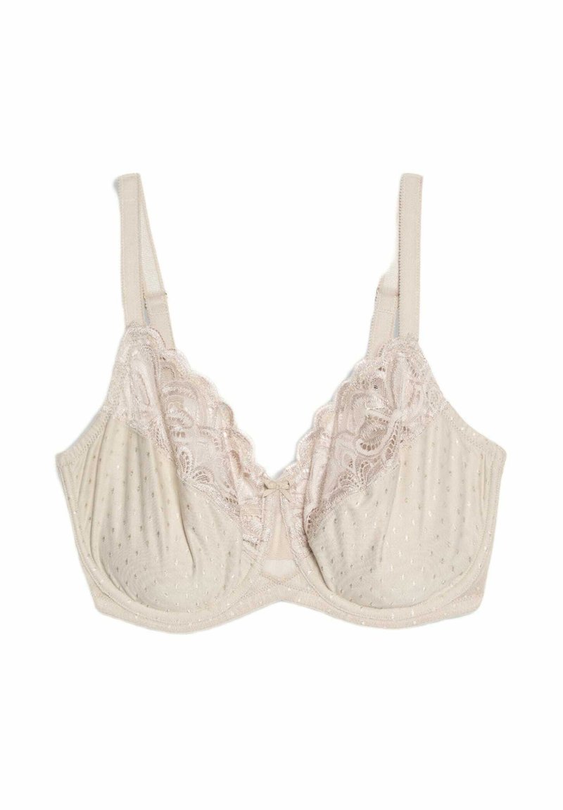Beige beha met kantafwerking en stippenpatroon, met een halfcupontwerp, verstelbare bandjes en een strikje in het midden.