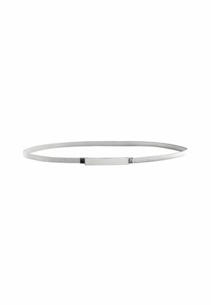 Ceinture blanche fine avec une petite boucle argentée rectangulaire, présentée à plat sur fond blanc.