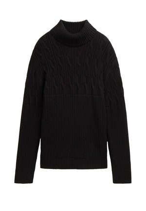 Črn pleten pulover z visokim, rebrastim turtleneck ovratnikom. Ima kabelsko pletenje na vrhu ter rebrasto teksturo na rokavih in spodnjem robu.
