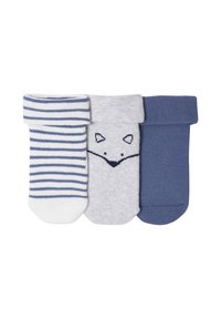 Three folded baby socks in white with blue stripes, light gray with a navy fox face, and solid navy blue.