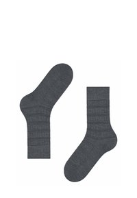 Calze grigie scure con texture a coste e una finitura liscia, caratterizzate da una punta senza cuciture e un'area del tallone rinforzata.