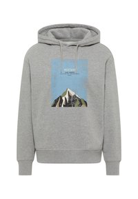 Grå hættetrøje med et frontgrafik af et bjerglandskab i grøn, hvid og sort på en blå baggrund. Snore i hætten.