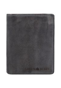 Leren portemonnee in donkergrijs met een gladde textuur, voorzien van gestikte randen en een gegraveerd logo "GREEN BURRY" aan de onderkant.