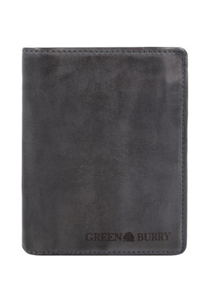 Leren portemonnee in donkergrijs met een gladde textuur, voorzien van gestikte randen en een gegraveerd logo "GREEN BURRY" aan de onderkant.