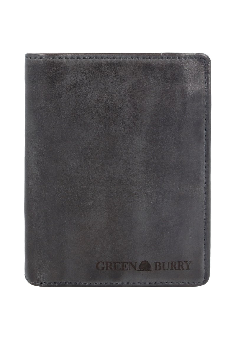 Leren portemonnee in donkergrijs met een gladde textuur, voorzien van gestikte randen en een gegraveerd logo "GREEN BURRY" aan de onderkant.