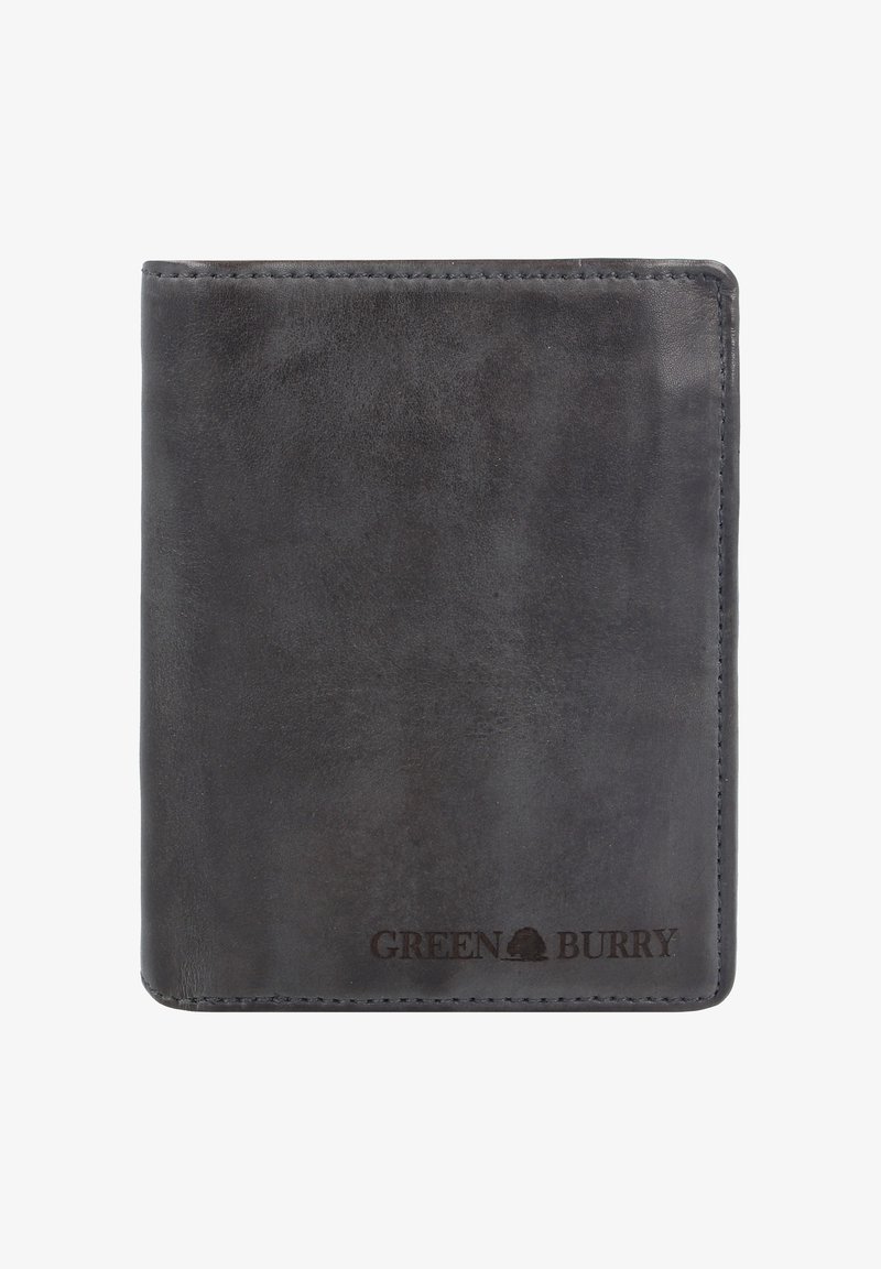 Leren portemonnee in donkergrijs met een gladde textuur, voorzien van gestikte randen en een gegraveerd logo "GREEN BURRY" aan de onderkant.