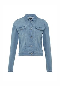 Lichtblauwe denimjas met een klassieke kraag, lange mouwen, twee borstzakken, knoopsluitingen en een iets getailleerd ontwerp.