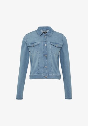 Veste en denim bleu clair avec un col classique, des manches longues, deux poches poitrine, des fermetures à boutons et une coupe légèrement ajustée.