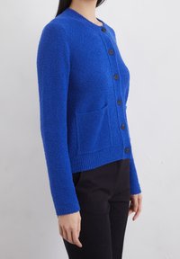Modrý strukturovaný kardigán s kulatým výstřihem, se zapínáním na knoflíky a jednou kapsou na levé straně. Nesený přes tmavé kalhoty.